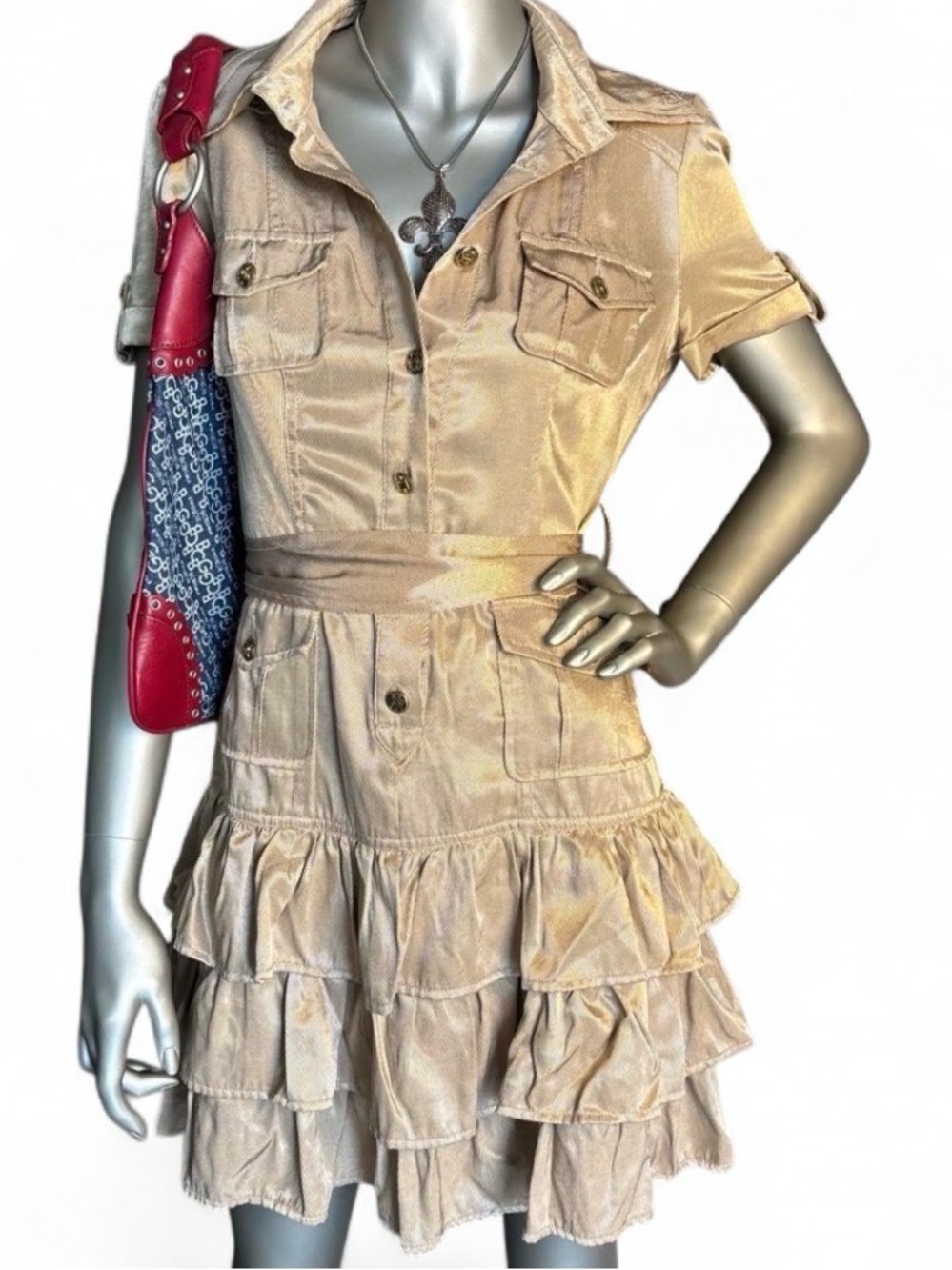 bebe Beige Tiered Ruffle Shirt Dress with Waist Tie